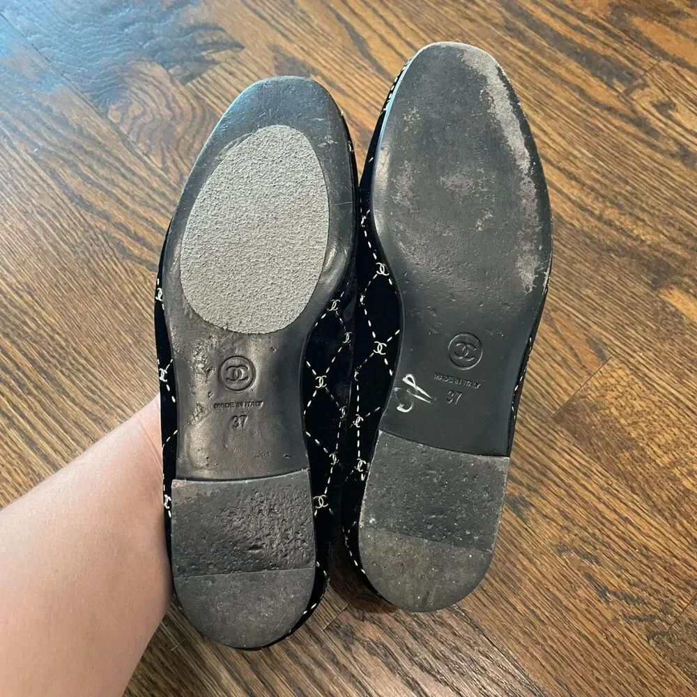 CHANEL Black Velvet Diamond Loafers Logo Smoking Slippers